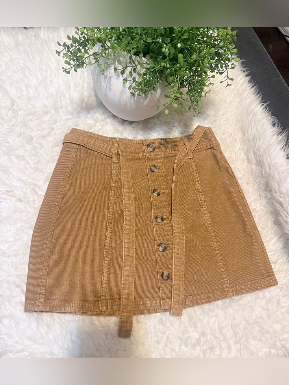American Eagle Outfitters Tan Corduroy Button-Front Mini Skirt with Belt Loops